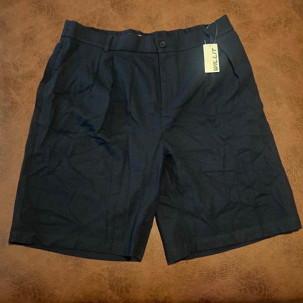 Willit Mens Navy Blue Linen Cotton Blend Pleated Shorts 10" Inseam Size XXL NWT